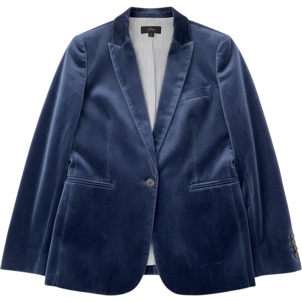 441 Dark Academia J.Crew Velvet Blazer 6 Blue One Button Tailored Jacket